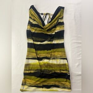 Vintage Y2K Mini Cowl Neck Bodycon Green and Black Dress with Beaded Back Detail